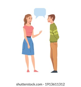 Couple Talking with Speech Bubbles, Friends or Colleagues Gossiping, Sharing Impressions Cartoon Style Vector Illustration
