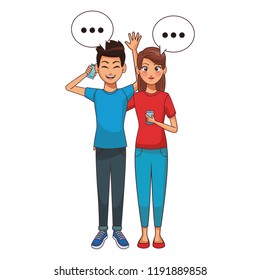 couple talking and texting with smartphone