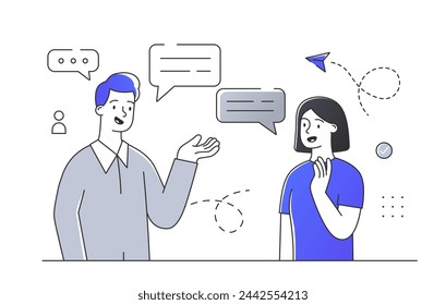 Couple talking together simple. Man and woman with speech bubbles. Communication and interaction. Colleagues and friends. Doodle flat vector illustration isolated on white background