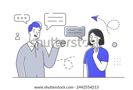 Couple talking together simple. Man and woman with speech bubbles. Communication and interaction. Colleagues and friends. Doodle flat vector illustration isolated on white background