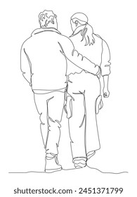 Couple talking and walking away. Hugging. Rear view. Continuous line drawing. Black and white vector illustration in line art style.