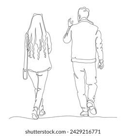Couple talking and walking away. Man got hand up. Woman with long hair and ear shape headband. Continuous line drawing. Hand drawn vector in line art style.