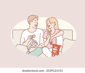 La pareja está hablando mientras come bocadillos. Ilustraciones de diseño de Vector de estilo dibujado a mano.