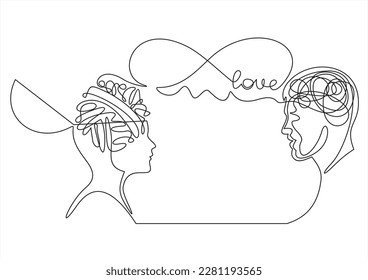 A couple is talking and the word love is above them.	