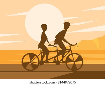 couple in tamden bicycle sunset scene