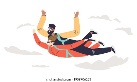 Couple in tandem skydiving jump with parachute in free falling in sky. Happy man and woman paragliding. Two parachutists. Extreme sport hobby concept. Flat vector illustration