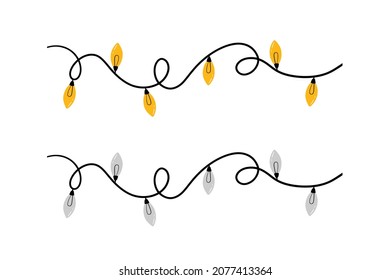 Couple of tangled wires, garlands with christmas lights, lamps. Illuminating and switched off garlands.