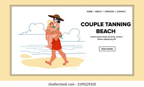 couple tanning beach vector. summer vacation, woman man, sea travel couple tanning beach web flat cartoon illustration