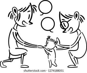 Couple teach baby to walk. Baby first steps. Lgbt couple.