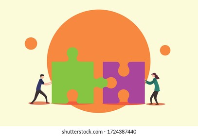 Concepto vector de trabajo en equipo de pareja: Hombres y mujeres trabajando juntos para resolver un rompecabezas