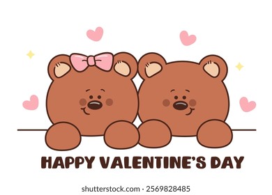 Couple teddy bear cub card valentine animals with hearts (Cute cartoon).Series: kawaii sticker whimsical characters.Perfect for romantic wedding vector Flat clipart banner t shirt design.