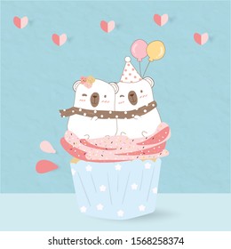 a couple of teddy bear are hug together.they are falling in love and sitting on sweet cupcake cream.the decoration are pink paper heart and blue pastel paper background.design for valentine party.