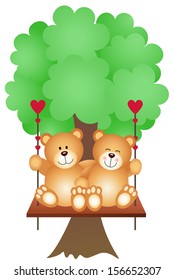 Couple Teddy Bears Swing on a Tree