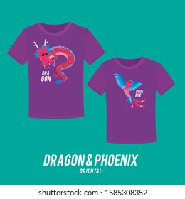 Couple tee shirt design with cute dragon and phoenix
