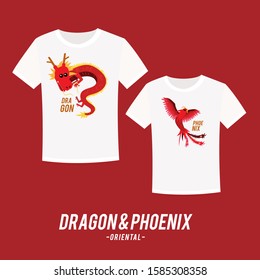 Couple tee shirt design with cute dragon and phoenix
