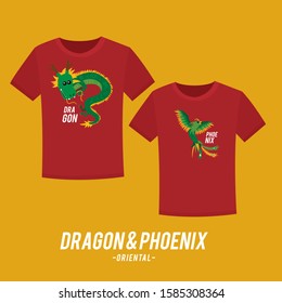 Couple tee shirt design with cute dragon and phoenix
