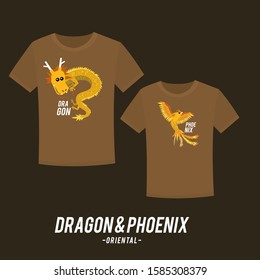 Couple tee shirt design with cute dragon and phoenix
