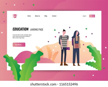 Couple teen go to school. Website landing page Template. . vector illustration 