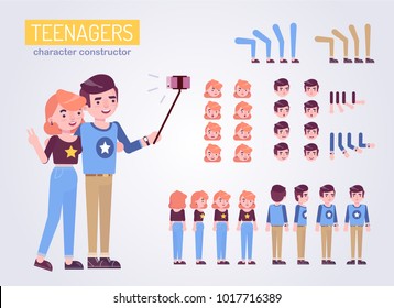 Couple teenagers characters constructor girl and boy with various views, face emotions, poses, with glasses, laptop and bag. Front, side, back view animated character. Vector clip art