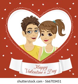 couple of teenagers inside a heart shaped frame. Happy Valentine's Day text on ribbon