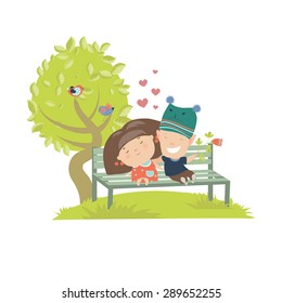 Couple teenagers sitting on the bench. vector isolated illustration