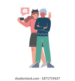 Couple of Teenagers Taking Selfie with Smartphone, Boy and Girl Spending Time Together Cartoon Style Vector Illustration