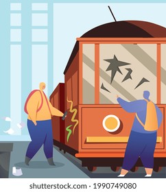 Couple of teenagers vandals damaging subway train. Street gangsters and vandalism. Flat cartoon vector illustration concept web design composition
