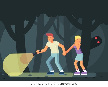 couple of teenagers in the woods on Halloween. Horror ghost monster Vector Illustration eps10