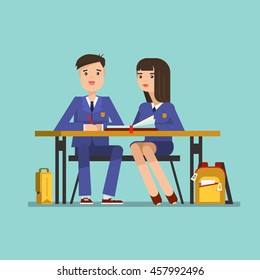 Couple of teenagers young students  learning in school uniform at the desk. Couple of schoolboy and schoolgirl learning  sitting at the table in the classroom.Vector illustration of education concept