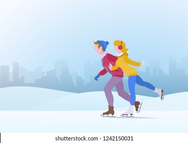 Couple teens Boy and Girl Skating on Ice on Snowdrifts Cityscape Winter Background Vector illustration.