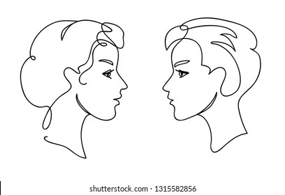 Couple teens communication concept. Young man and woman faces silhouettes. Continuous one line drawing. Black and white vector illustration
