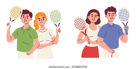 Casal Tennis Jogador Personagem, Mulher e Homem Segurando Raquete de Tênis