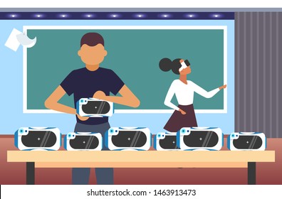 couple testing 3d glasses students wearing virtual reality digital goggles headset vision vr technology concept modern classroom interior flat portrait horizontal