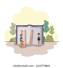 couple with text book and stair in landscape
