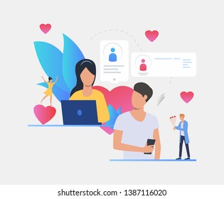 Couple texting messages to each other. Technology, love, Internet concept. Vector illustration can be used for topics like relationship, online dating service, romance