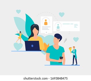Un par de mensajes de texto entre sí. Tecnología, amor, concepto de Internet. La ilustración vectorial se puede utilizar para temas como la relación, el servicio de citas en línea, el romance