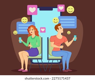 Couple Texting Online Vektorgrafik. Mann und Frau, die Smartphones halten, mit Botschaften reden, Herzen, lächelnde Gesichter. Daten in sozialen Medien, Online-Dating, Fernbeziehung