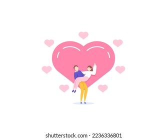 A couple that is celebrating the anniversary. a boyfriend is holding his girlfriend and celebrating Valentine's Day. happy valentine's day. romantic. illustration concept design. vector elements