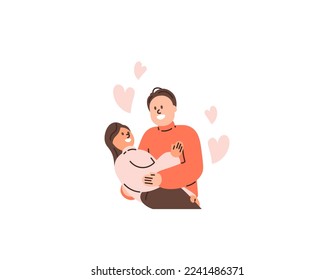 ein Paar, das intim aussieht. ein Ehemann hält seine Frau voller Liebe. Zuneigung und romantische Beziehungen. Feiern des Valentinstag. fröhlicher Valentinstag. Design des Illustrationskonzepts. Vektorgrafik 