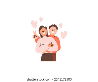 a couple that poses and makes out with each other. a husband hugging the wife from the back. holding with love. affection and romantic relationships. celebrating valentine's day. happy valentines.