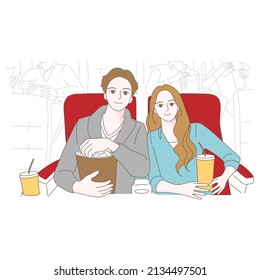 Una pareja en un teatro, viendo películas, comiendo palomitas de maíz y refresco, salir, divertirse, ilustración vectorial