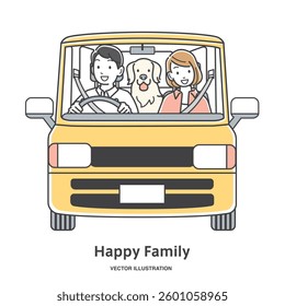 A couple and their dog going out by car