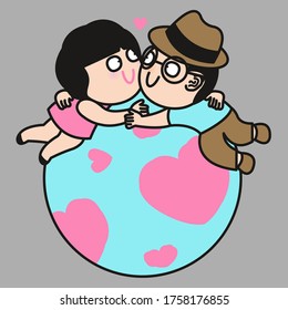 Couple With Their Long Distance Hugs Concept Card Character illustration