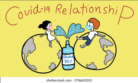 couple in their own separate world and got bottle of alcohol gel between them