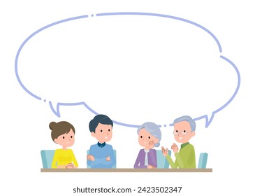 A couple and their parents talking with speech bubble