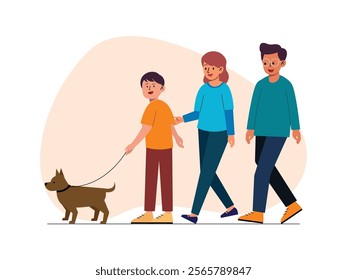 a couple and their son holding their dog's leash, they are walking, enjoying their free time together.
design, vector, illustration