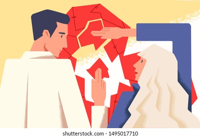 Couple Therapy Concept Flat Vector Illustration. Marriage Counseling. Boyfriend And Girlfriend Working On Relationship Problems. Wife And Husband Cartoon Characters Assembling Broken Heart Puzzle.