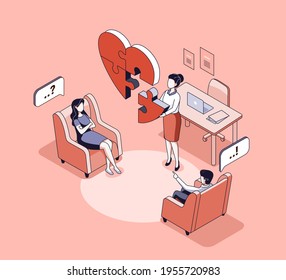 Couple therapy concept vector illustration. Marriage counseling. Isometric wife and husband quarreling, working on relationship problems. Psychologist assembling broken heart puzzle.