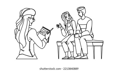 couple therapy line pencil drawing vector. psychologist family, marriage psychotherapy, relationship therapist, woman man psychology couple therapy character. people Illustration