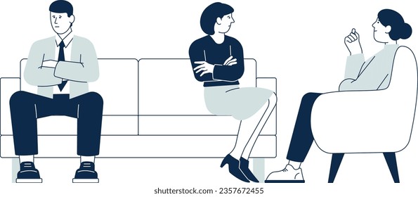 Couple therapy. Man and woman sit on sofa and talking with psychologist